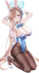  1girl absurdres animal_ears asuna_(blue_archive) asuna_(bunny)_(blue_archive) blue_archive blue_bow blue_bowtie blue_eyes blue_halo blue_leotard bow bowtie breasts brown_hair brown_pantyhose cleavage commentary_request detached_collar fake_animal_ears fake_tail gloves hair_over_one_eye halo hands_up highres ki_1315 kneeling large_breasts legs leotard long_hair looking_at_viewer mole mole_on_breast official_alternate_costume pantyhose playboy_bunny rabbit_ears rabbit_tail shoes simple_background smile solo tail very_long_hair white_background white_footwear white_gloves 
