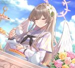  1girl angel_wings black_neckerchief blue_archive bouquet closed_eyes closed_mouth cup dessert dress dutch_angle feathered_wings flower food hair_flower hair_ornament halo holding holding_cup holding_saucer light_brown_hair light_smile long_hair long_sleeves macaron nagisa_(blue_archive) neckerchief outdoors sailor_collar sakuraha_(cross_ima) saucer sky solo table tea_stand teacup teapot upper_body white_dress white_sailor_collar white_wings wings 