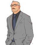  1boy aaron_gruber_(o_natsuo88) bara beard_stubble black_shirt blue_necktie closed_mouth facial_hair formal glasses grey_hair grey_jacket grey_pants grey_suit hands_in_pockets highres jacket looking_at_another male_focus mature_male mustache necktie o_natsuo88 old old_man original pants receding_hairline rectangular_eyewear scar scar_on_cheek scar_on_face shirt short_hair solo suit thick_eyebrows thick_mustache upper_body white_background wrinkled_skin 