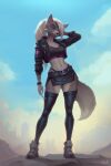  2023 anthro blue_eyes breasts canid canine canis clothing crop_top cropped_jacket eyebrows eyelashes female footwear fur grey_body grey_fur hair hi_res legwear long_hair mammal midriff navel outside shirt shoes solo standing thong_straps topwear ullr_(artist) white_hair wolf 