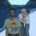  3boys beach beard disappointed facial_hair father_and_son gooseygang grey_hair highres ikari_gendou ikari_shinji kiss meme_attire multiple_boys nagisa_kaworu neon_genesis_evangelion nerv rainbow_flag school_uniform shirt short_sleeves t-shirt tokyo-3_middle_school_uniform white_shirt yaoi 