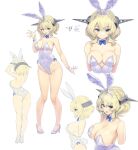  1girl animal_ears ass bare_legs blonde_hair blue_bow blue_bowtie blue_eyes bow bowtie breasts cleavage colorado_(kancolle) commission cowboy_shot detached_collar headgear kantai_collection kiyama_satoshi large_breasts leotard looking_at_viewer multiple_views playboy_bunny rabbit_ears rabbit_tail short_hair side-tie_leotard simple_background skeb_commission smile standing strapless strapless_leotard tail upper_body white_background white_footwear white_leotard wrist_cuffs 