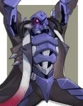  1boy arms_up bara blush breath coat crotch_plate feet_out_of_frame highres honkai:_star_rail honkai_(series) large_pectorals looking_to_the_side male_focus muscular muscular_male open_clothes open_coat pectorals purple_armor riner_(rinerr_r) robot short_hair sitting solo spread_legs svarog_(honkai:_star_rail) 