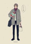  1boy absurdres bag black_footwear black_pants brown_hair commentary_request cool_doji_danshi full_body grey_jacket hand_in_pocket hat highres holding holding_bag jacket lapels long_sleeves looking_at_viewer male_focus mima_takayuki nata_kokone open_mouth pants red_scarf santa_hat scarf short_hair simple_background solo speech_bubble standing stuffed_animal stuffed_toy teddy_bear translation_request twitter_username 