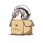  1girl box cardboard_box dated grey_hair hat hatsuzuki_527 in_box in_container javelin_(kancolle) kantai_collection long_hair sailor_hat simple_background solid_oval_eyes solo translation_request twitter_username white_background white_headwear 