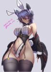  1girl animal_ears bare_shoulders blush breasts cameltoe checkered_necktie dated eyepatch fake_animal_ears garter_straps gloves glowing headgear kantai_collection large_breasts leotard looking_at_viewer moke_ro navel necktie off_shoulder purple_hair rabbit_ears short_hair sideboob solo standing tenryuu_(kancolle) tenryuu_kai_ni_(kancolle) yellow_eyes 