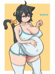  &lt;3 ahoge animal_humanoid belly big_belly big_breasts big_butt black_hair bodily_fluids bow_ribbon breasts butt cat_humanoid cleavage clothed clothing felid felid_humanoid feline feline_humanoid female hair hand_on_stomach hi_res huge_breasts huge_thighs humanoid mammal mammal_humanoid navel nipple_outline overweight overweight_female overweight_humanoid sakanadaze smile solo standing sweat tail thick_thighs wide_hips yellow_eyes 
