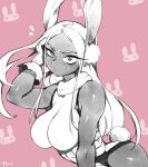  1girl animal_ears arm_up boku_no_hero_academia dark-skinned_female dark_skin gloves highres leotard long_eyelashes long_hair looking_at_viewer mirko monochrome muscular muscular_female optionaltypo pink_background rabbit_ears rabbit_girl rabbit_tail simple_background sketch sleeveless_turtleneck_leotard solo tail taut_leotard toned white_hair 