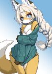  2023 anthro blue_eyes blush bra_strap braided_hair braided_ponytail brown_body brown_fur canid canine chest_tuft clothing clothing_pull covering covering_self digital_media_(artwork) dipstick_ears dipstick_tail female female_anthro fluffy fox fur hair hi_res kemono koorinezumi long_hair looking_at_viewer mammal markings multicolored_body multicolored_ears multicolored_fur orange_body orange_fur panties pantsless pantsless_anthro pantsless_female ponytail portrait shoulderless_sweater solo sweater tail tail_markings three-quarter_portrait topwear tuft underwear white_body white_fur white_hair 