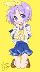  1girl :d absurdres artist_name blue_eyes blue_pupils blue_sailor_collar blue_skirt bow bowtie brown_footwear double_horizontal_stripe eyes_visible_through_hair full_body hairband hands_on_own_face highres hiiragi_tsukasa kneeling light_purple_hair looking_at_viewer lucky_star miniskirt open_mouth ribbon ryouou_school_uniform sailor_collar school_uniform serafuku shirt shoes short_hair simple_background skirt smile socks solo tareme white_serafuku white_shirt white_socks yellow_background yellow_bow yellow_bowtie yellow_hairband yellow_ribbon zetsuyo_chimayo 