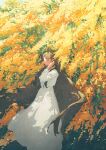  1girl autumn_leaves blue_eyes brown_hair dress from_side hair_tucking hand_up highres leaf long_hair long_sleeves original potg_(piotegu) solo standing very_long_hair white_dress 