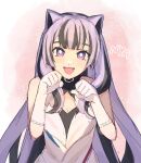  1girl :d animal_ears babykatafan black_choker black_hair blunt_bangs cat_ears choker dress fire_emblem fire_emblem_engage gloves grey_hair highres long_hair looking_at_viewer multicolored_hair nyan open_mouth paw_pose purple_eyes sleeveless sleeveless_dress smile solo two-tone_hair upper_body veyle_(fire_emblem) white_dress white_gloves 