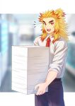  1boy black_pants blonde_hair forked_eyebrows highres holding holding_paper kimetsu_gakuen kimetsu_no_yaiba male_focus multicolored_hair necktie open_mouth pants paper red_hair red_necktie remsor076 rengoku_kyoujurou shirt smile solo white_shirt 