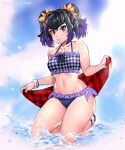  1girl bikini black_hair braid commission flower hair_flower hair_ornament highres keigi looking_at_viewer mole mole_under_eye nail_polish off-shoulder_bikini off_shoulder purple_eyes purple_hair sandals signature smile solo swimsuit symonne_(tales) tales_of_(series) tales_of_zestiria twintails water 