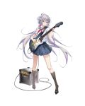  1girl amplifier black_footwear black_socks blue_sailor_collar blue_skirt cable closed_mouth electric_guitar floating_hair full_body green_eyes grey_hair guitar hair_between_eyes hair_ribbon hair_rings highres holding holding_instrument holding_plectrum instrument legs_apart long_hair looking_at_viewer low_twintails luo_tianyi miniskirt music neckerchief playing_instrument pleated_skirt plectrum red_neckerchief red_ribbon ribbon sailor_collar school_uniform serafuku shirt_tucked_in short_sleeves skirt socks solo tachi-e twintails very_long_hair vocaloid vsinger white_background white_serafuku zoooyt 