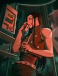  1boy black_hair blood blood_on_face blood_on_hands blood_splatter empty_eyes enyalee feet_out_of_frame highres holding holding_needle holding_phone hunter_x_hunter illumi_zoldyck long_hair looking_at_viewer male_focus needle phone phone_booth red_theme solo 