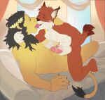  anthro bed bilyonaire claws crown drapes duo felid feline fur furniture goldenlynx headgear hi_res kissing licking_tongue lion lynx male male/male mammal mane morgwyn muscular muscular_male pantherine tan_body tan_fur tongue tuft yellow_body yellow_fur 