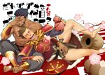  2boys abs animal_print armor bara beard bracer character_request cherry_blossoms cover cover_page covering_another&#039;s_crotch cross_scar cup dark-skinned_male dark_skin doujin_cover drooling drunk facepalm facial_hair flower full_body itto_(mentaiko) japanese_armor laughing male_focus mature_male mouth_drool multiple_boys muscular muscular_male nipples pectorals sakazuki sangokushi_puzzle_taisen scar scar_across_eye short_hair sideburns sitting spread_legs stomach thighs tiger_print topless_male translation_request yaoi 