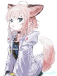  1girl :o ahoge animal_ears arknights black_choker blue_shirt choker commentary_request fox_ears fox_girl fox_tail highres hood hood_down hooded_jacket jacket looking_at_viewer open_clothes open_jacket oripathy_lesion_(arknights) parted_lips pink_hair shirt signature simple_background sketch solo sussurro_(arknights) sutoa tail teeth upper_teeth_only white_background white_jacket 