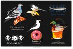  animal animal_focus artist_name banana bird black_background border commentary croissant doughnut duck english_commentary english_text fish food fruit gatoiberico mallard marmalade no_humans original pigeon sardine seagull simple_background skull white_border 