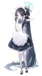  1girl absurdres adjusting_hair apron aris_(blue_archive) aris_(maid)_(blue_archive) arms_behind_head arms_up black_dress black_hair blue_archive blue_eyes blush dress frilled_dress frills full_body hairband halo highres long_hair looking_at_viewer lunia maid_apron maid_headdress mouth_hold pantyhose ponytail short_sleeves smile solo tying_hair very_long_hair white_apron 