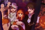  1girl 2boys :&gt; :d archived_source artist_name bandages black_cape blue_eyes blush brown_hair candle candy cape child commentary cosplay crying_child&#039;s_brother_(fnaf) crying_child_(fnaf) elizabeth_afton english_commentary fangs five_nights_at_freddy&#039;s food ghost green_eyes hair_between_eyes halloween halloween_bucket hiji_(hijichan) holding jack-o&#039;-lantern little_red_riding_hood_(grimm) little_red_riding_hood_(grimm)_(cosplay) long_hair long_sleeves michael_afton multiple_boys mummy_costume night open_mouth orange_hair outstretched_arms porch pumpkin red_brooch red_cape red_hood short_hair smile sweatdrop trick_or_treat two-sided_cape two-sided_fabric vampire_costume zombie_pose 