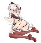  1girl amatsukaze_(kancolle) ass black_panties brown_eyes brown_shirt brown_thighhighs commentary_request dress embarrassed full_body garter_belt grey_hair hair_tubes highres kantai_collection long_hair looking_at_viewer lying open_mouth panties rudder_footwear sailor_dress sakana_(flame_sakana) sheet_grab shirt solo thighhighs torn_clothes torn_thighhighs two_side_up underwear white_background 