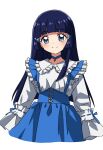  1girl aoki_reika blue_choker blue_eyes blue_hair blue_skirt choker collared_shirt frilled_shirt_collar frills hair_ornament highres kousuke0912 long_hair long_sleeves precure shirt simple_background skirt smile smile_precure! solo suspender_skirt suspenders white_background white_shirt 