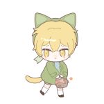 1boy animal_hat basket blonde_hair blue_sweater brown_footwear brown_shorts cat_boy cat_hat cat_tail chibi closed_mouth commentary_request green_headwear green_jacket hat holding holding_basket htt0oo jacket kemonomimi_mode korean_commentary limbus_company long_sleeves male_focus open_clothes open_jacket project_moon short_hair shorts simple_background sinclair_(limbus_company) socks solo sweater tail transparent_background turtleneck turtleneck_sweater walking white_socks yellow_eyes 