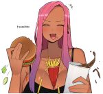  1girl between_breasts blush breasts burger cleavage cup dark-skinned_female dark_skin disposable_cup english_text food french_fries long_hair looking_at_viewer ohasi open_mouth original pink_(ohasi) pink_hair simple_background solo white_background 