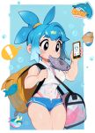  ! 1girl air_bubble bag bag_charm between_breasts black_eyes blue_hair box breasts bubble cardboard_box cellphone charm_(object) commentary cowboy_shot dolphin_shorts english_commentary fish highleg highleg_leotard highres holding holding_phone leotard lowleg lowleg_shorts making-of_available medium_breasts micro_shorts mouth_hold original petite phone ponytail scar scar_on_cheek scar_on_face shorts smartphone solo spoken_exclamation_mark strap_between_breasts swolefin thighs toned twitter_username watermark white_leotard x_x 