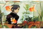  1boy abstract blue_eyes blue_hair bubble earbuds earphones fish fish_tank glass goldfish highres jacket looking_back makkiatooo parted_lips persona persona_3 plant ripples short_hair solo underwater yuuki_makoto 