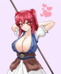  1girl absurdres breasts cleavage closed_mouth coin collarbone commentary_request hair_bobbles hair_ornament heart highres huge_breasts looking_at_viewer medium_hair obi onozuka_komachi pink_background red_eyes sash short_sleeves simple_background smile solo sugar_you touhou two_side_up 