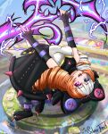  1girl absurdres animal_ears black_dress blue_eyes dress drill_hair fake_animal_ears frosver gwen_(league_of_legends) heterochromia highres multicolored_clothes multicolored_dress multicolored_hair orange_hair pink_eyes scissors smile solo soul_fighter_(league_of_legends) teeth white_hair 