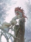  canid canine dipstick_tail eye_through_hair female feral forest fox fur green_eyes hair hi_res hioshiru looking_back mammal markings orange_hair outside plant solo tail tail_markings tan_body tan_fur translucent translucent_hair tree 