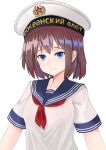  1girl absurdres blue_eyes blue_sailor_collar brown_hair hammer_and_sickle highres merinwaiji military_uniform necktie original red_necktie red_star russian_text sailor sailor_collar school_uniform serafuku smile soviet soviet_navy uniform 