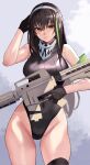  1girl armband assault_rifle black_eyes black_gloves black_hair black_one-piece_swimsuit closed_mouth commentary_request covered_navel cowboy_shot girls&#039;_frontline gloves green_armband green_hair gun hand_up highres holding holding_gun holding_weapon long_hair m4_carbine m4a1_(girls&#039;_frontline) multicolored_hair one-piece_swimsuit rifle sawatari_kazuma smile solo standing streaked_hair swimsuit weapon 