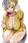  alternate_breast_size ashiomi_masato blonde_hair blue_eyes breasts candy_apple cat_mask cleavage collarbone food guilty_gear guilty_gear_strive guilty_gear_xrd highres japanese_clothes kimono large_breasts mask mask_on_head millia_rage squatting tongue tongue_out 