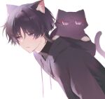  1boy :&lt; absurdres alternate_costume animal animal_ear_fluff animal_ears cat cat_boy cat_ears cat_tail closed_mouth genshin_impact hair_between_eyes highres hood hood_down hoodie male_focus purple_eyes purple_hair purple_hoodie scaramouche_(cat)_(genshin_impact) scaramouche_(genshin_impact) simple_background tail upper_body whiskers white_background whitecookie1001 