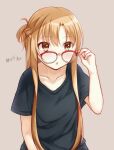  1girl adjusting_eyewear asuna_(sao) bad_id bad_twitter_id bespectacled black_shirt braid brown_eyes brown_hair casual collarbone french_braid glasses gyaoo_yuzu_soft hair_over_shoulder hand_up highres light_brown_hair long_hair looking_ahead looking_over_eyewear one_side_up over-rim_eyewear parted_hair parted_lips red-framed_eyewear semi-rimless_eyewear shirt short_sleeves sidelocks simple_background single_braid solo sword_art_online t-shirt tan_background translated upper_body wispy_bangs 