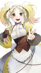  1girl :d absurdres apron blonde_hair brown_gloves commentary_request dress fingerless_gloves fire_emblem fire_emblem_awakening gloves green_eyes headdress highres ikura_(downdexp) lissa_(fire_emblem) long_sleeves looking_at_viewer open_mouth single_glove smile solo teeth twintails upper_teeth_only v white_apron white_background white_headdress yellow_dress 