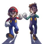  2boys blue_overalls brothers brown_footwear brown_hair clenched_hands facial_hair fist_bump full_body gloves hat highres luigi male_focus mario mario_&amp;_luigi_rpg mario_(series) masanori_sato_(style) multiple_boys mustache one_eye_closed overalls shadow shirt shoes siblings simple_background socks striped striped_socks tears torn_clothes walking white_background white_gloves ya_mari_6363 