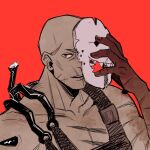  1boy animification bald collarbone dead_by_daylight die_(kurosb) highres holding holding_mask looking_at_viewer male_focus mask mask_removed open_mouth red_background scar scar_on_arm scar_on_chest scar_on_face simple_background smile solo the_trapper_(dead_by_daylight) 