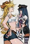  2girls absurdres black_shorts blonde_hair blue_hair blue_shorts cowboy_hat hat highres long_hair looking_at_viewer mkmwyydlp multiple_girls panty_&amp;_stocking_with_garterbelt panty_(psg) police_hat red_nails shirt shorts shoulder_tattoo sketch smile stocking_(psg) stomach tank_top tattoo thighhighs thighs very_long_hair white_background white_shirt white_tank_top white_thighhighs 