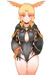  1girl adjusting_clothes adjusting_swimsuit ass ass_visible_through_thighs black_one-piece_swimsuit blonde_hair blush breasts cleavage cleavage_cutout closed_mouth clothing_cutout commentary_request fate/grand_order fate_(series) gloves head_wings highleg highleg_swimsuit highres jacket long_sleeves looking_at_viewer one-piece_swimsuit red_eyes rindr_(fate) short_hair simple_background smile swimsuit thigh_gap thighs valkyrie_(fate) white_background wings yoosai 