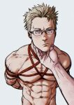  1boy abs absurdres bara blonde_hair completely_nude dorohedoro from_above glasses groin hand_on_another&#039;s_chin highres large_pectorals male_focus muscular muscular_male navel nipples nude pectorals pout pov pov_hands red_rope rope shibari shin_(dorohedoro) short_hair smokerichi solo_focus spiked_hair stomach underbust upper_body 
