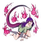  1girl all_fours ankle_cuffs aura barefoot blue_shorts breasts cleavage collarbone commentary_request fire green_shirt green_shorts horns jewelry necklace off-shoulder_shirt off_shoulder parted_lips pink_horns pointy_ears purple_hair purple_tail red_eyes shirt shishi_osamu short_sleeves shorts single_horn small_breasts solo t-shirt tenkajin_chiyari thigh_strap touhou wrist_cuffs 