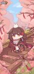  1girl absurdres animal animal_on_head bare_legs bird blue_sky blush branch brown_hair chibi chinese_clothes closed_eyes cloud falling_petals flower full_body hair_flower hair_ornament highres holding holding_animal holding_bird honkai_(series) honkai_impact_3rd li_sushang li_sushang_(jade_knight) logo looking_at_viewer official_alternate_costume official_art official_wallpaper on_head outdoors petals pink_flower sky smile stairs standing thigh_strap tree 