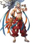  1girl abs argon_(exys) bare_shoulders breasts collar dagr_(fire_emblem) feet fire_emblem fire_emblem_heroes full_body grey_eyes headpiece highres holding japanese_clothes medium_breasts midriff muscular muscular_female navel non-web_source official_art pants sandals short_hair solo stomach toeless_footwear toenails toes transparent_background 