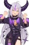  1girl absurdres ahoge ascot blush braid collar commentary_request demon_horns flat_chest grey_hair highres hololive horns la+_darknesss long_hair looking_at_viewer metal_collar open_mouth purple_hair purple_nails purple_thighhighs sidelocks simple_background single_thighhigh solo striped_horns subachi tail thighhighs very_long_hair virtual_youtuber white_background yellow_ascot yellow_eyes 